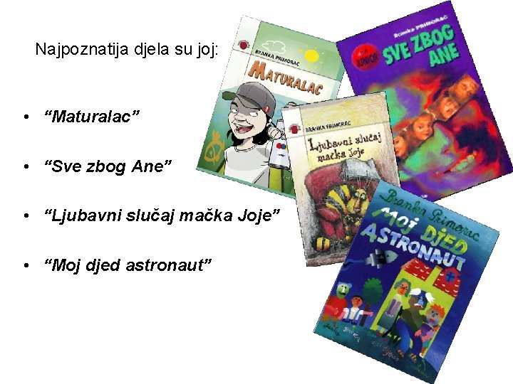 Najpoznatija djela su joj: • “Maturalac” • “Sve zbog Ane” • “Ljubavni slučaj mačka