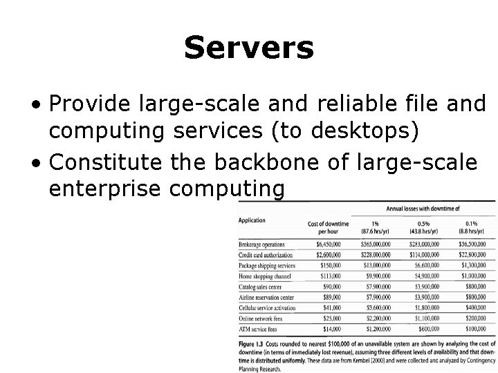 Servers • Provide large-scale and reliable file and computing services (to desktops) • Constitute