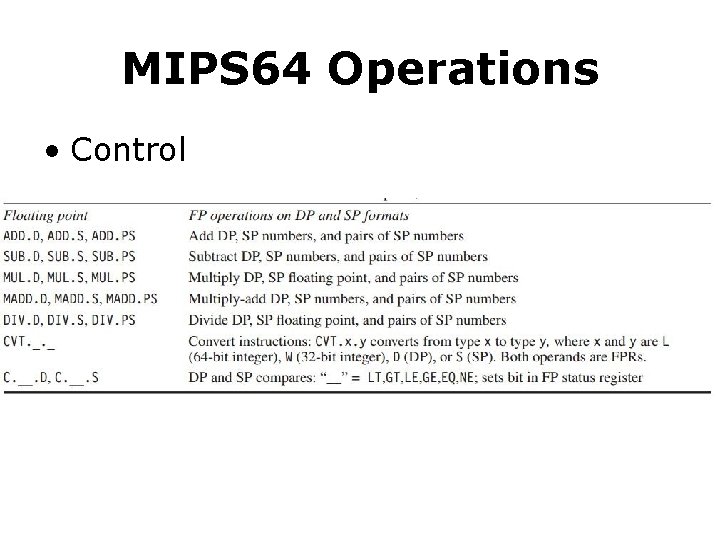 MIPS 64 Operations • Control 