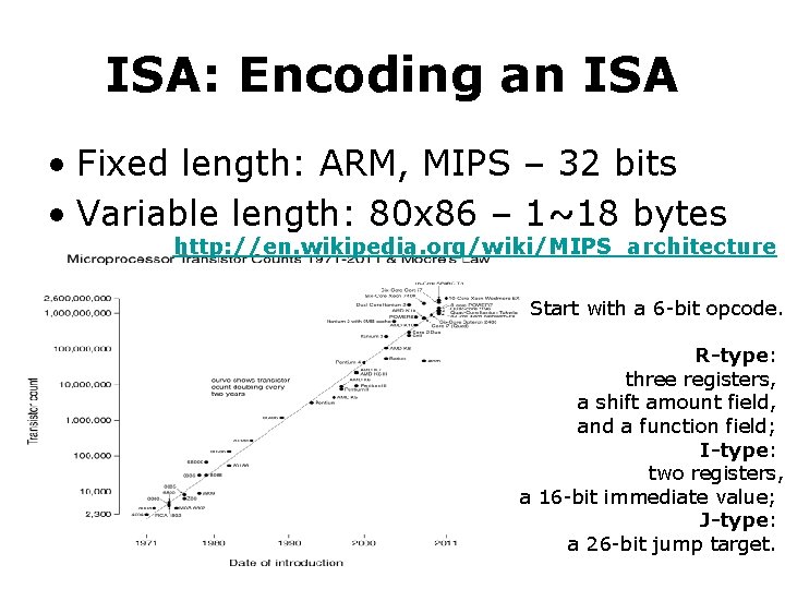 ISA: Encoding an ISA • Fixed length: ARM, MIPS – 32 bits • Variable