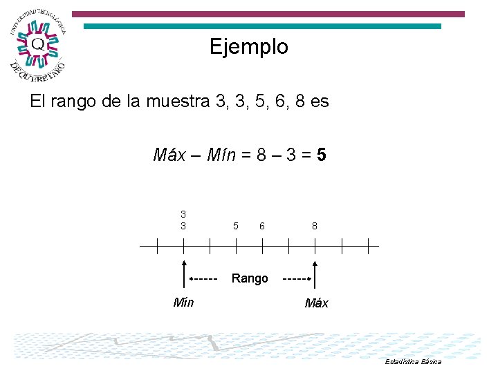 Ejemplo El rango de la muestra 3, 3, 5, 6, 8 es Máx –