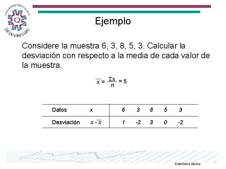 Ejemplo Considere la muestra 6, 3, 8, 5, 3. Calcular la desviación con respecto