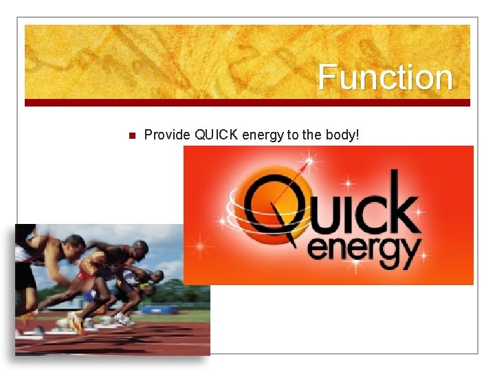 Function n Provide QUICK energy to the body! 