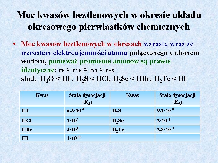 Moc kwasów beztlenowych w okresie układu okresowego pierwiastków chemicznych • Moc kwasów beztlenowych w