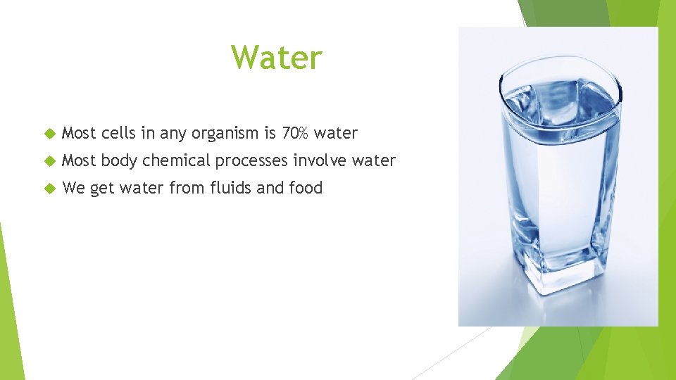 Water Most cells in any organism is 70% water Most body chemical processes involve