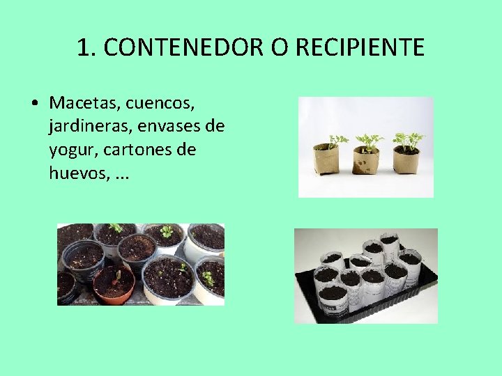1. CONTENEDOR O RECIPIENTE • Macetas, cuencos, jardineras, envases de yogur, cartones de huevos,