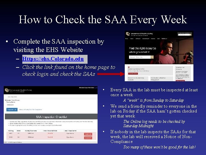 How to Check the SAA Every Week • Complete the SAA inspection by visiting