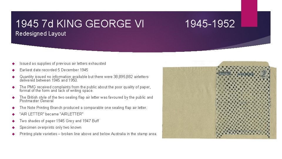 1945 7 d KING GEORGE VI Redesigned Layout Issued as supplies of previous air