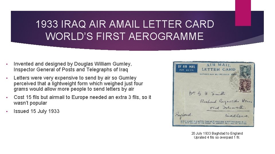 1933 IRAQ AIR AMAIL LETTER CARD WORLD’S FIRST AEROGRAMME • Invented and designed by