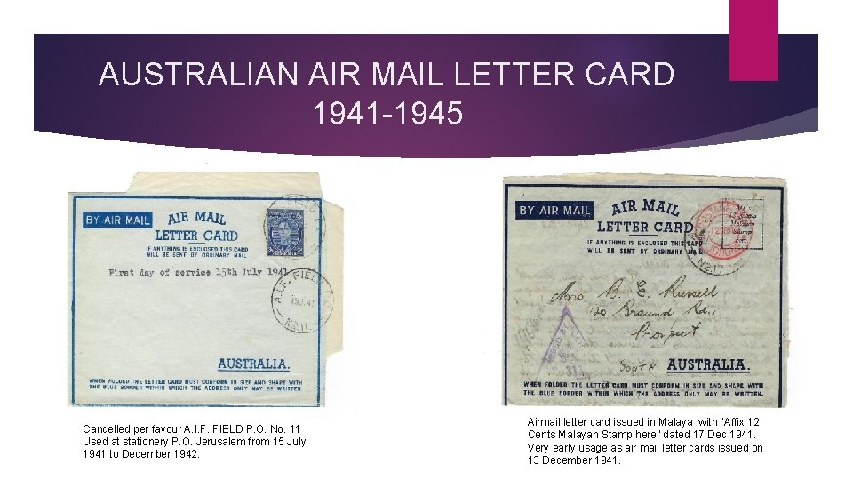 AUSTRALIAN AIR MAIL LETTER CARD 1941 -1945 Cancelled per favour A. I. F. FIELD