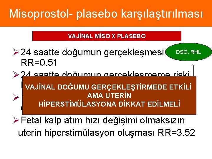 Misoprostol- plasebo karşılaştırılması VAJİNAL MİSO X PLASEBO Ø 24 saatte doğumun gerçekleşmesi DSÖ, RHL