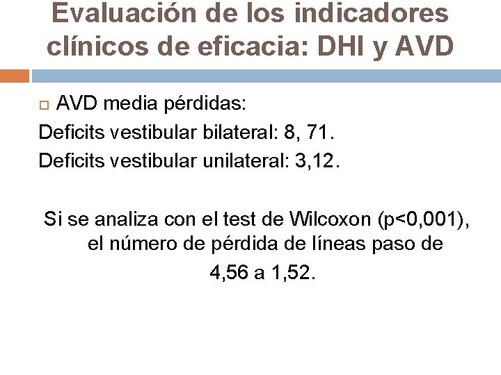 Evaluación de los indicadores clínicos de eficacia: DHI y AVD media pérdidas: Deficits vestibular