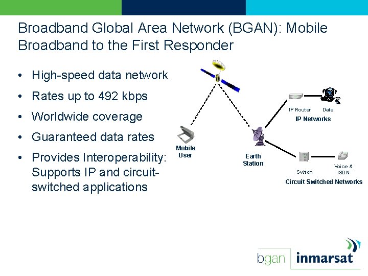 Broadband Global Area Network (BGAN): Mobile Broadband to the First Responder • High-speed data