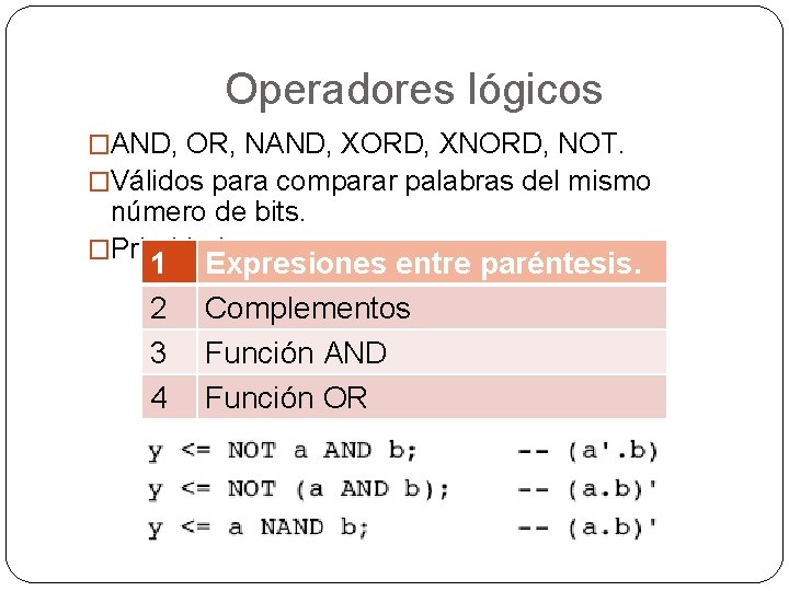 Operadores lógicos �AND, OR, NAND, XORD, XNORD, NOT. �Válidos para comparar palabras del mismo