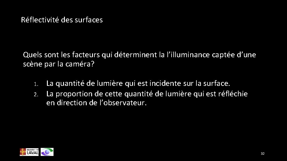 Réflectivité des surfaces Quels sont les facteurs qui déterminent la l’illuminance captée d’une scène