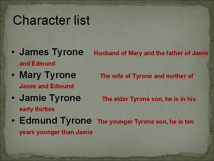 Character list • James Tyrone Husband of Mary and the father of Jamie and