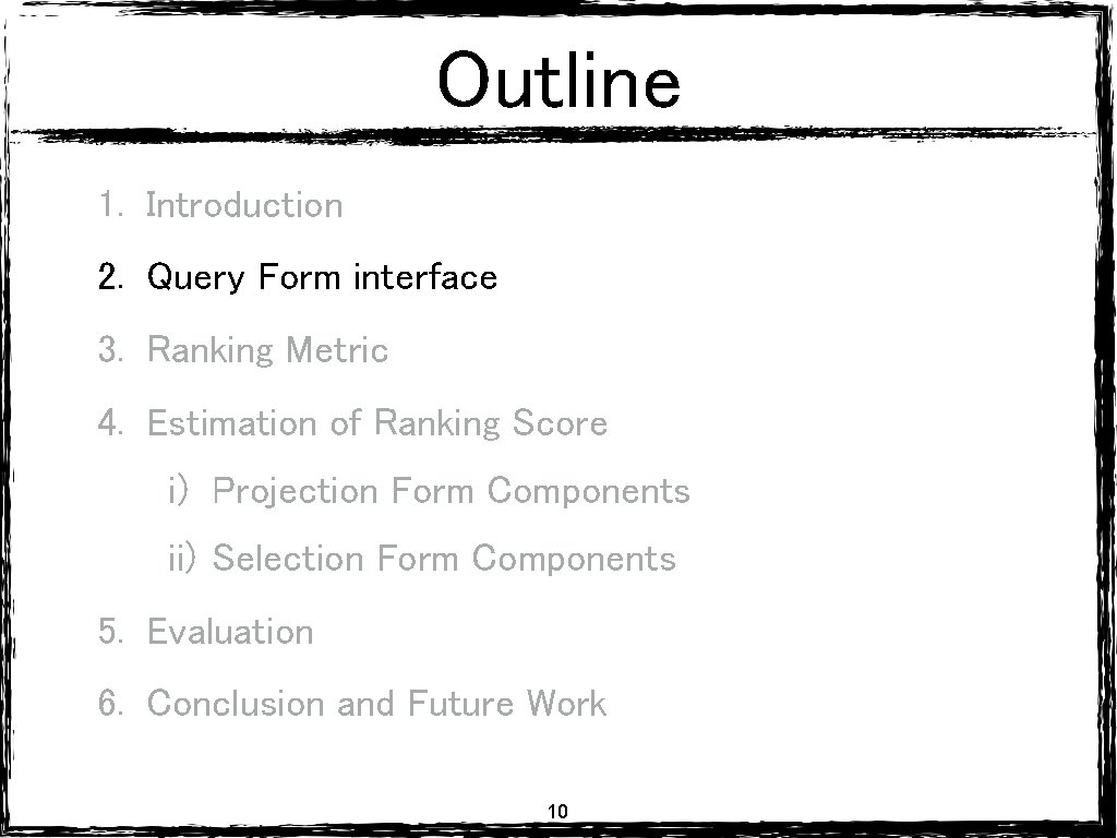 Outline 1. Introduction 2. Query Form interface 3. Ranking Metric 4. Estimation of Ranking Outline 1. Introduction 2. Query Form interface 3. Ranking Metric 4. Estimation of Ranking