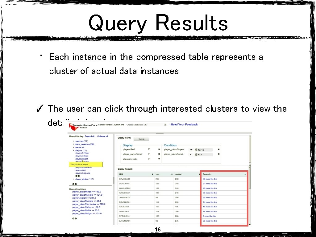 Query Results • Each instance in the compressed table represents a cluster of actual Query Results • Each instance in the compressed table represents a cluster of actual