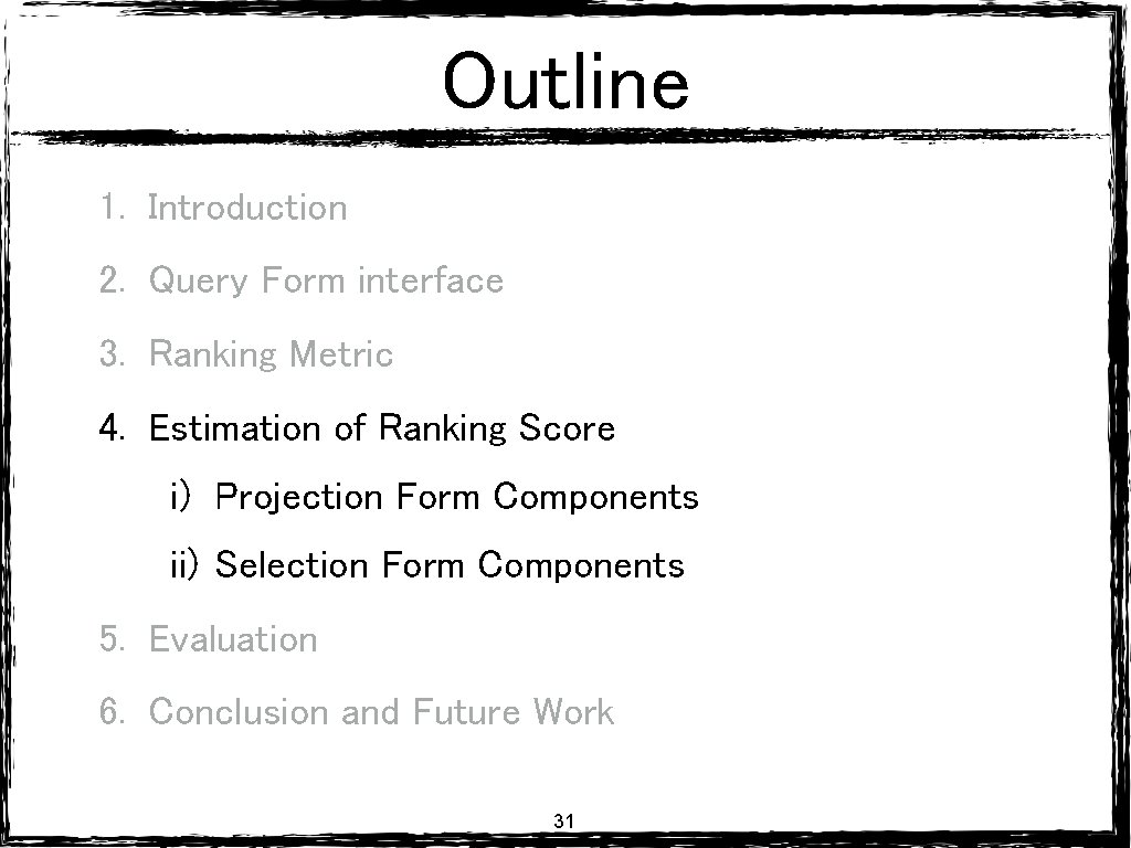 Outline 1. Introduction 2. Query Form interface 3. Ranking Metric 4. Estimation of Ranking Outline 1. Introduction 2. Query Form interface 3. Ranking Metric 4. Estimation of Ranking