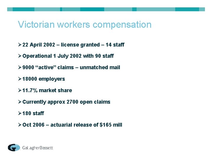 Victorian workers compensation Ø 22 April 2002 – license granted – 14 staff ØOperational