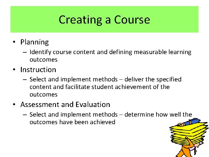 Creating a Course • Planning – Identify course content and defining measurable learning outcomes