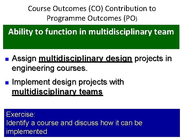 Course Outcomes (CO) Contribution to Programme Outcomes (PO) Ability to function in multidisciplinary team