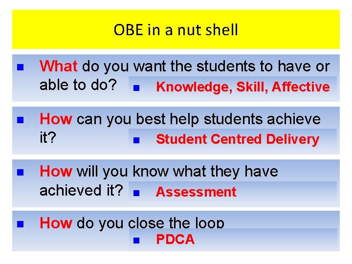 OBE in a nut shell n What do you want the students to have