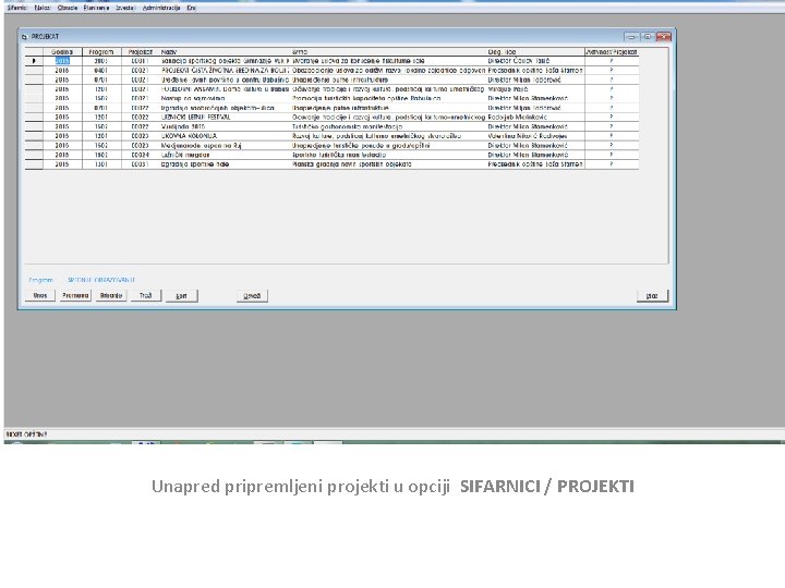 Unapred pripremljeni projekti u opciji SIFARNICI / PROJEKTI 
