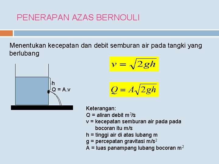 PENERAPAN AZAS BERNOULI Menentukan kecepatan debit semburan air pada tangki yang berlubang h Q