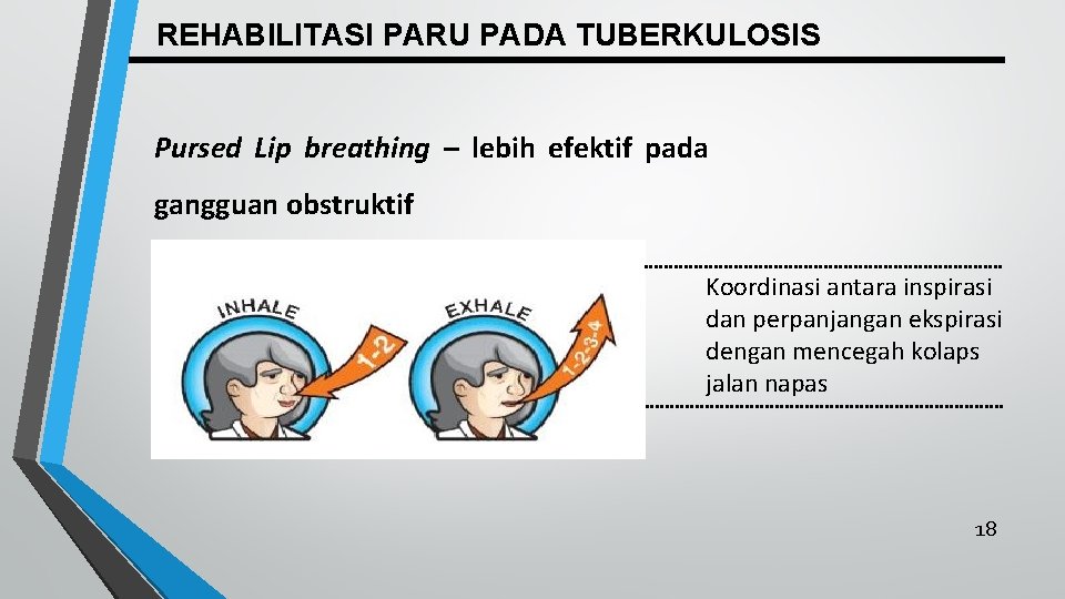 REHABILITASI PARU PADA TUBERKULOSIS Pursed Lip breathing – lebih efektif pada gangguan obstruktif Koordinasi