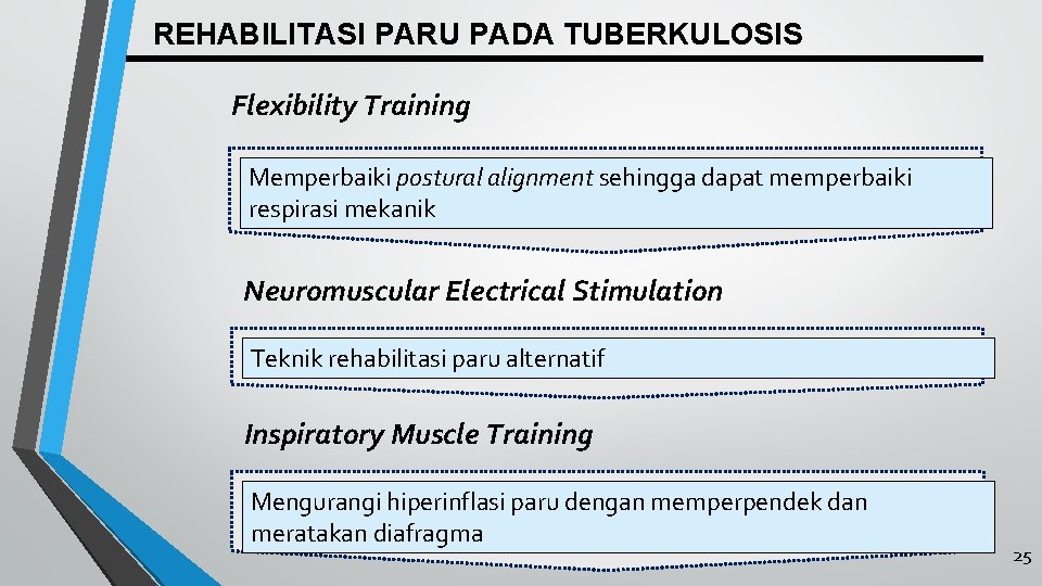 REHABILITASI PARU PADA TUBERKULOSIS Flexibility Training Memperbaiki postural alignment sehingga dapat memperbaiki respirasi mekanik