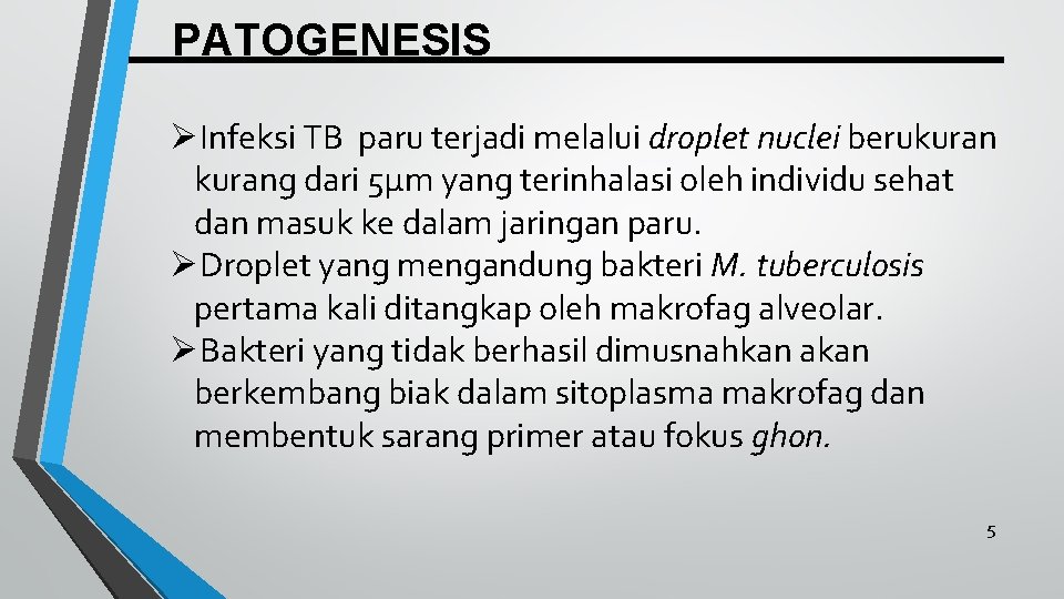 PATOGENESIS ØInfeksi TB paru terjadi melalui droplet nuclei berukurang dari 5µm yang terinhalasi oleh