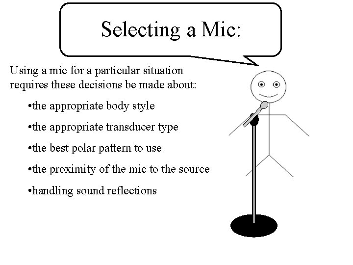 Selecting a Mic: Using a mic for a particular situation requires these decisions be