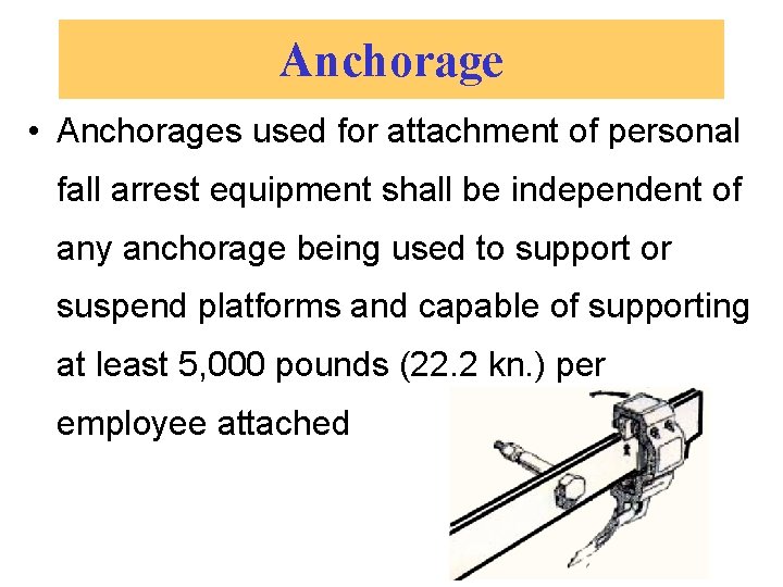 Anchorage • Anchorages used for attachment of personal fall arrest equipment shall be independent