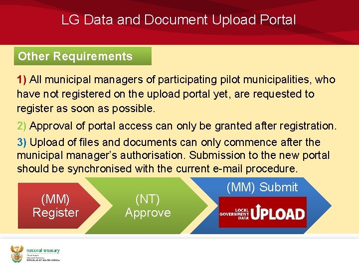 LG Data and Document Upload Portal Other Requirements 1) All municipal managers of participating