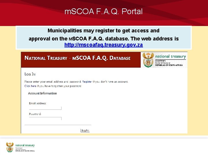 m. SCOA F. A. Q. Portal Municipalities may register to get access and approval