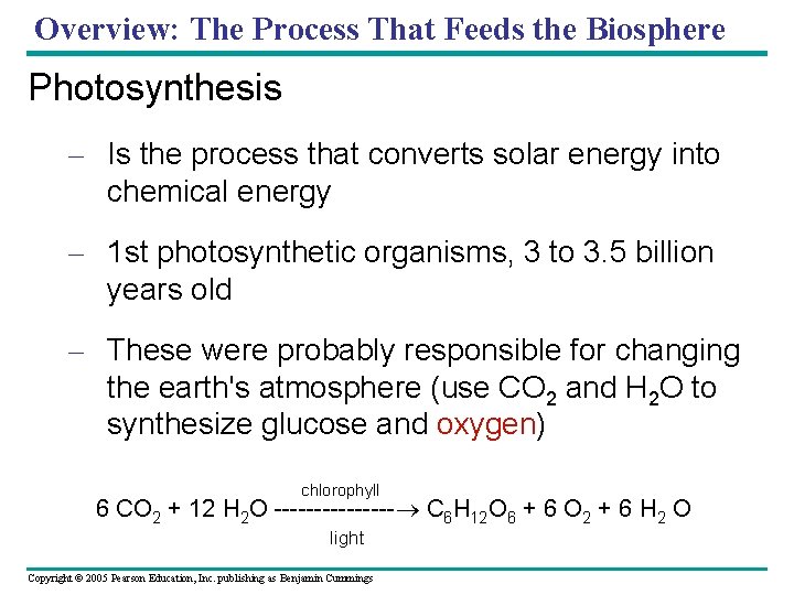 Overview: The Process That Feeds the Biosphere Photosynthesis – Is the process that converts