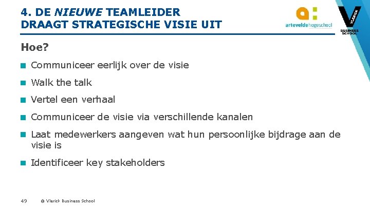 4. DE NIEUWE TEAMLEIDER DRAAGT STRATEGISCHE VISIE UIT Hoe? Communiceer eerlijk over de visie