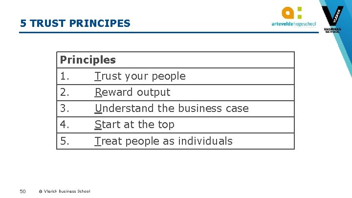 5 TRUST PRINCIPES Principles 50 1. Trust your people 2. Reward output 3. Understand