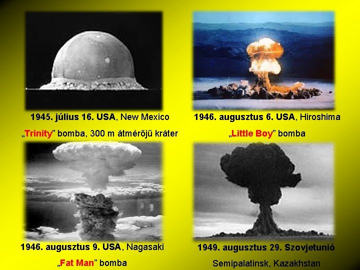 1945. július 16. USA, New Mexico 1946. augusztus 6. USA, Hiroshima „Trinity” bomba, 300