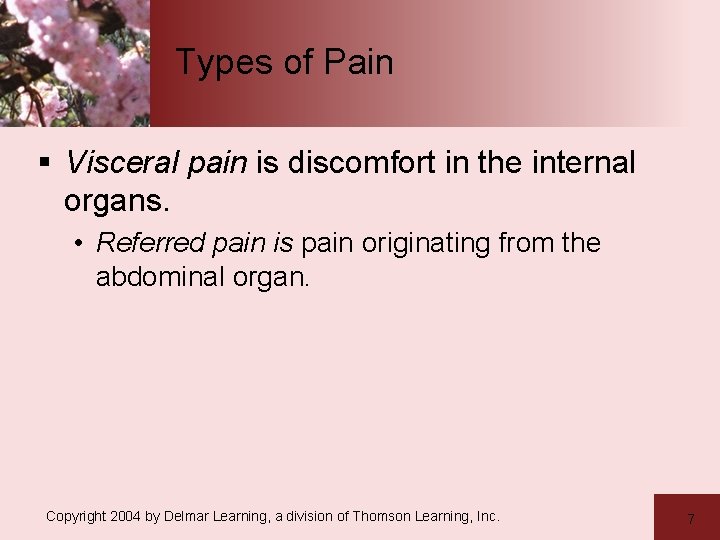 Types of Pain § Visceral pain is discomfort in the internal organs. • Referred