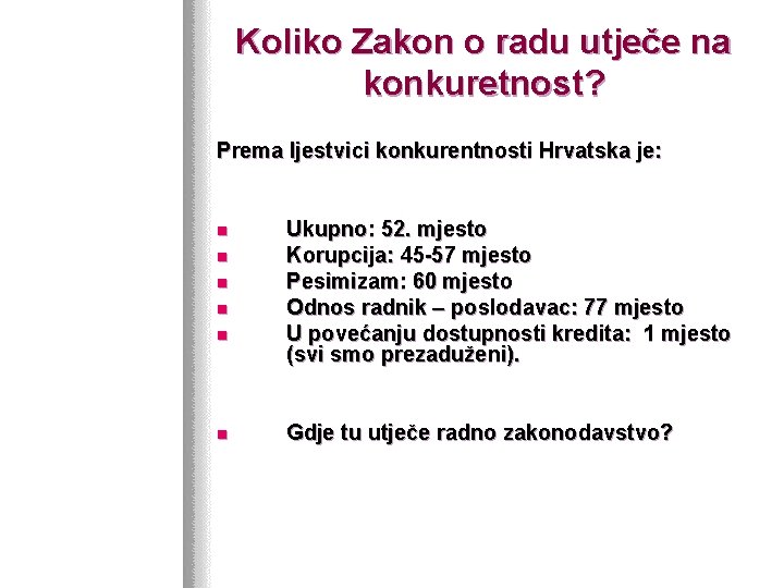 Koliko Zakon o radu utječe na konkuretnost? Prema ljestvici konkurentnosti Hrvatska je: n n