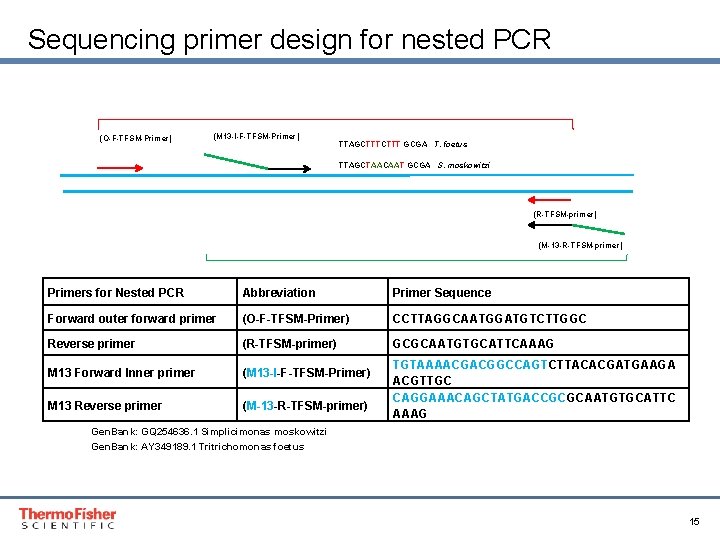 Sequencing primer design for nested PCR (O-F-TFSM-Primer) (M 13 -I-F-TFSM-Primer) TTAGCTTT GCGA T. foetus
