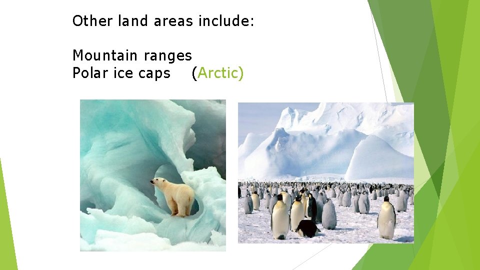 Other land areas include: Mountain ranges Polar ice caps (Arctic) 