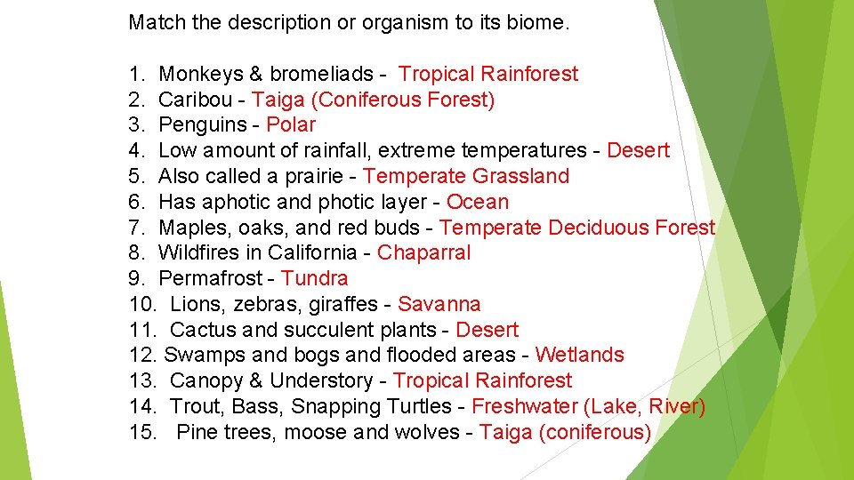 Match the description or organism to its biome. 1. Monkeys & bromeliads - Tropical