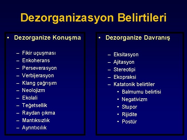 Dezorganizasyon Belirtileri • Dezorganize Konuşma – – – Fikir uçuşması Enkoherans Perseverasyon Verbijerasyon Klang