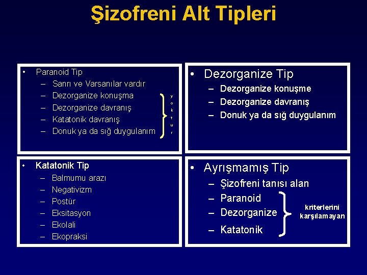 Şizofreni Alt Tipleri • • Paranoid Tip – Sanrı ve Varsanılar vardır – Dezorganize