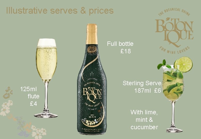 Illustrative serves & prices Full bottle £ 18 125 ml flute £ 4 Sterling