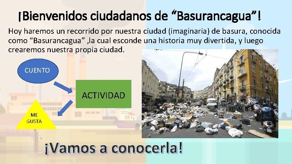 ¡Bienvenidos ciudadanos de “Basurancagua”! Hoy haremos un recorrido por nuestra ciudad (imaginaria) de basura,