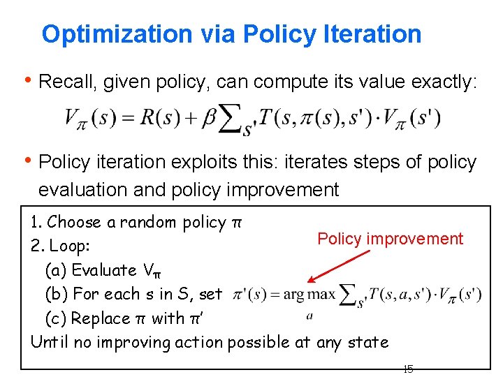 Optimization via Policy Iteration h Recall, given policy, can compute its value exactly: h